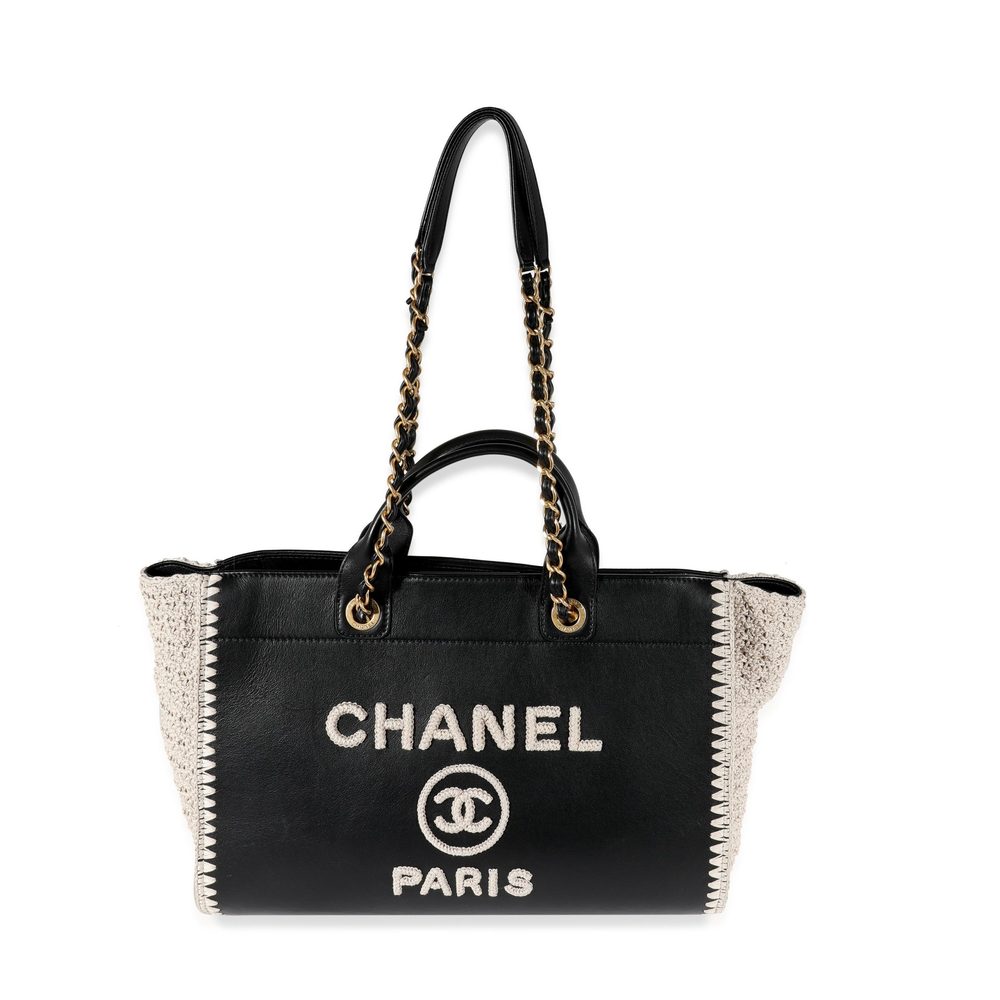 Chanel Black Leather & Beige Crochet Large Deauville Tote - Picture 5 of 5